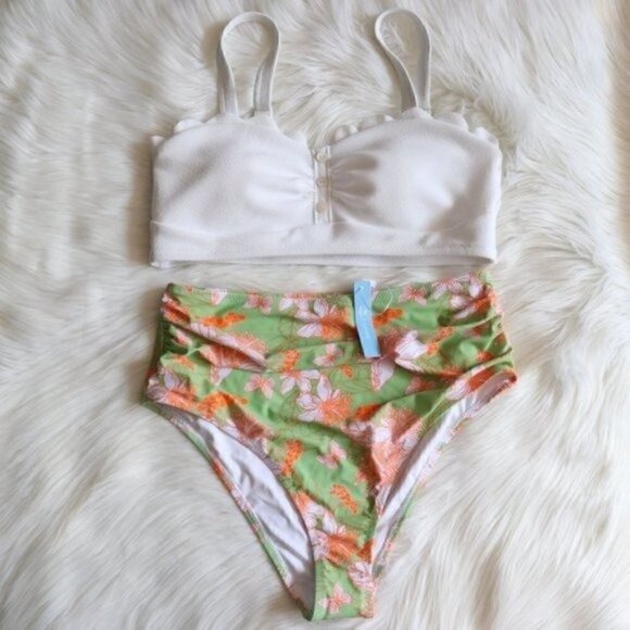 NWT High Waist Bikini Set Size XXL White Green Orange Floral Print - Picture 3 of 9